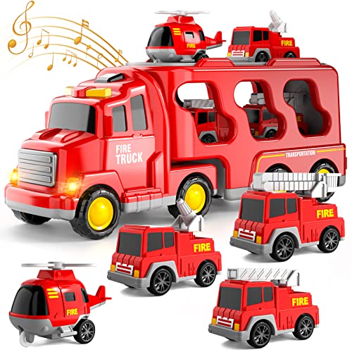 Feuerwehrauto Spielzeug für 1 2 3 4 5 6 Jahre alt Jungen Kleinkinder, 5 in 1 Kinder Träger Feuerwehrautos Autos für Kleinkind Junge Spielzeug Geburtstag, Auto Trucks Reibung Power Toys mit Licht Sound von Ci Vetch