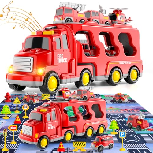 Feuerwehrauto Spielzeugautos Kleinkind Trucks Spielzeug für Jungen Alter 3-5, 5 in 1 Feuerwehrauto mit Spielmatte für 2 3 4 5 6 Jahre alt, Kleinkind Junge Spielzeug Weihnachten Geburtstagsgeschenk mit von Ci Vetch