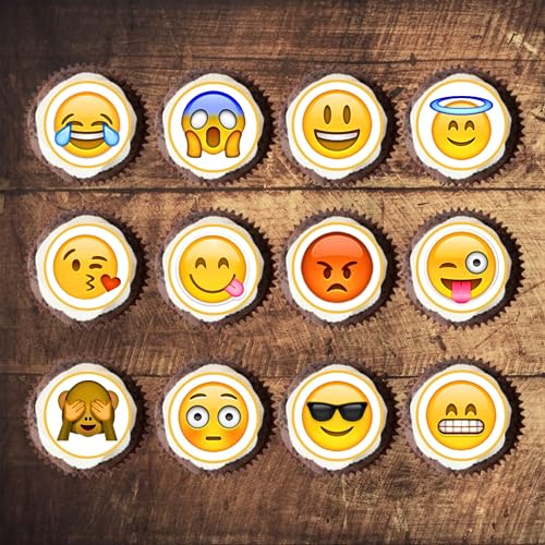 24 VORGESCHNITTENE Emoji Cupcake Topper #2, Emoji Kuchenaufsatz, essbare Emoji Kuchendekorationen, Smiley Party Dekorationspaket, Lächeln Kuchendekoration, Emoji Kuchenaufsätze von Cian's Cupcake Toppers Ltd