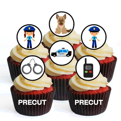 24 essbare essbare Cupcake-Topper, Motiv: Polizei, Sheriff-Thema, Rettungsdienste, essbare Cupcake-Dekorationen – stehende Scheiben, Kuchendekorationen von Cian's Cupcake Toppers Ltd