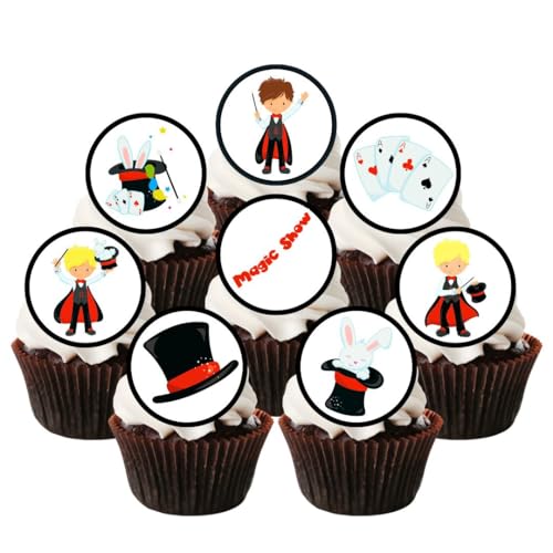 Essbare Cupcake-Topper, Magician Boy, magische Show, Kuchendekorationen mit Zylinderhut, Karten und Hase im Hut, 24 x 4 cm große Scheiben (ungeschnitten) von Cians Cupcake Toppers