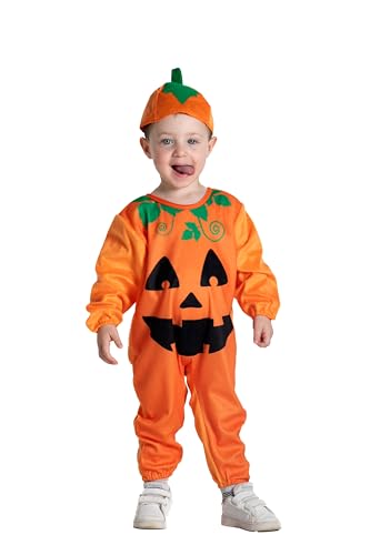 Ciao 14394.1-2 Halloween-Kürbis-Kostüm, Verkleidung, Einteiler für Babys mit Haubenverkleidung, Orange, Schwarz, Grün, 1–2 Jahre von Ciao