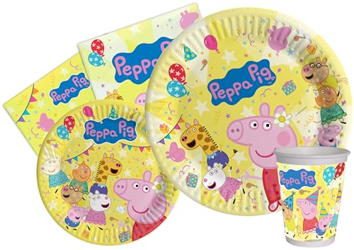 Partygeschirr Party-Set Peppa Pig Peppa's Birthday für 24 Personen (112 pcs: 24 Pappteller Ø23cm, 24 Pappteller Ø18cm, 24 Becher 250ml, 40 Servietten 33x33cm) aus eco-friendly kompostierbarem Papier von Ciao