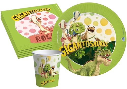 Ciao AZ060 Partygeschirr Party-Set Dinosaurier Gigantosaurus/Jurassic World (Pappteller, Bucher, Servietten), Cartoon, Grün, 24 Personen von Ciao