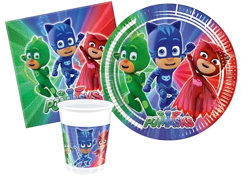 Partygeschirr Party-Set PJ Masks Pyjamahelden für 24 Personen (88 pcs: 24 Pappteller Ø23cm, 24 Becher 200ml, 40 Servietten 33x33cm) von Ciao