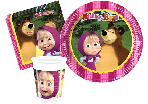 Ciao Partygeschirr Party-Set Masha und der Bär für 8 Personen (36 pcs: 8 Pappteller Ø23cm, 8 Becher 200ml, 20 Servietten 33x33cm) von Ciao