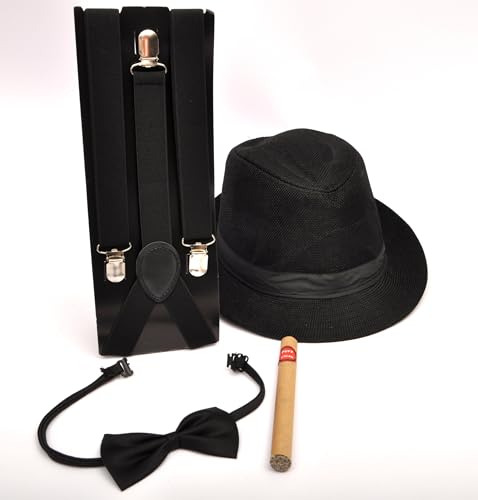 Ciao Gangster 1920s Verkleidungsset Kit Mann (Hut, Hosenträger, Fliege, gefälschte Zigarre), Schwarz von Ciao