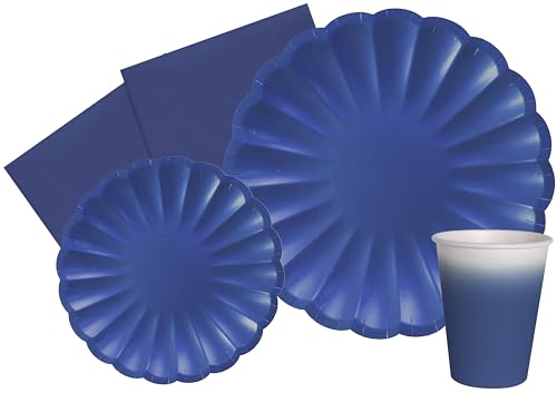 Ciao Partygeschirr Party-Set Flower Shape für 8 Personen (44 pcs: 8 Pappteller Ø23cm, 8 Pappteller Ø18cm, 8 Becher 250ml, 20 Servietten 33x33cm) aus eco-friendly kompostierbarem Papier, Blau von Ciao