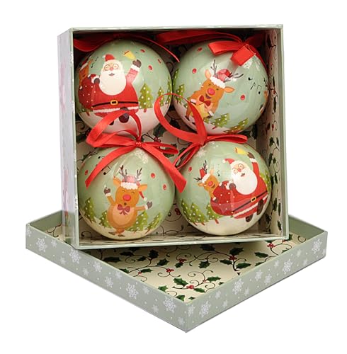 Ciao Set of 4 decoupage Christmas Tree Balls (Ø7,5cm) Santa & Reindeers with Fabric Ribbon in giftbox von Ciao