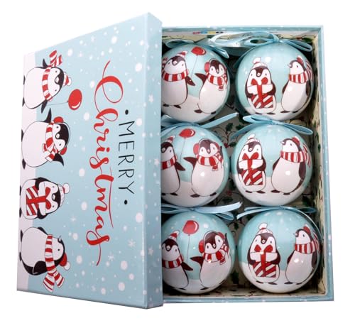 Ciao Set of 6 decoupage Christmas Tree Balls (Ø7,5cm) Merry Christmas Penguins with Fabric Ribbon in giftbox von Ciao