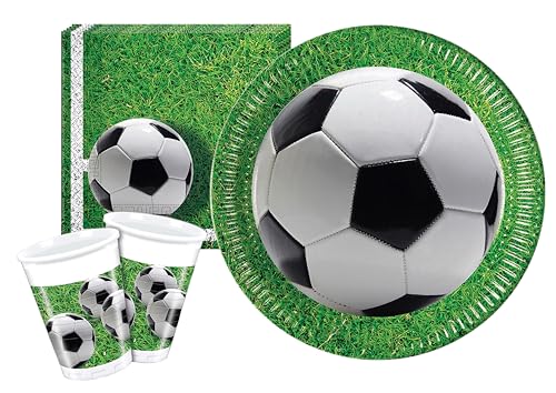 Ciao Y5050 Fußball für 8 Personen (36 Stück Ø 23 cm, 8 Becher 200 ml, 20 33 x 33 cm) Partygeschirr Party-Set (Pappteller, Bucher, Servietten), Grün, Weiß, Schwarz von Ciao