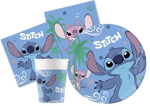 Partygeschirr Party-Set Disney Stitch & Angel für 24 Personen (88 pcs: 24 Pappteller Ø23cm,24 Becher 200ml, 40 Servietten 33x33cm) aus FSC Papier, Blau von Ciao