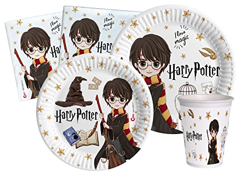 Partygeschirr Party-Set Harry Potter für 24 Personen (112 pcs: 24 Pappteller Ø23cm, 24 Pappteller Ø18cm, 24 Becher 250ml, 40 Servietten 33x33cm) aus eco-friendly kompostierbarem Papier von Ciao