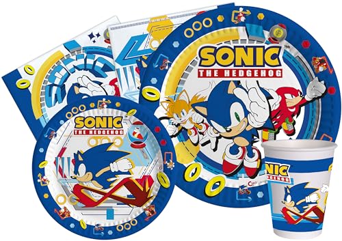 Partygeschirr Party-Set Sonic the Hedgehog für 24 Personen (112 pcs: 24 Pappteller Ø23cm, 24 Pappteller Ø18cm, 24 Becher 250ml, 40 Servietten 33x33cm) aus eco-friendly kompostierbarem Papier von Ciao