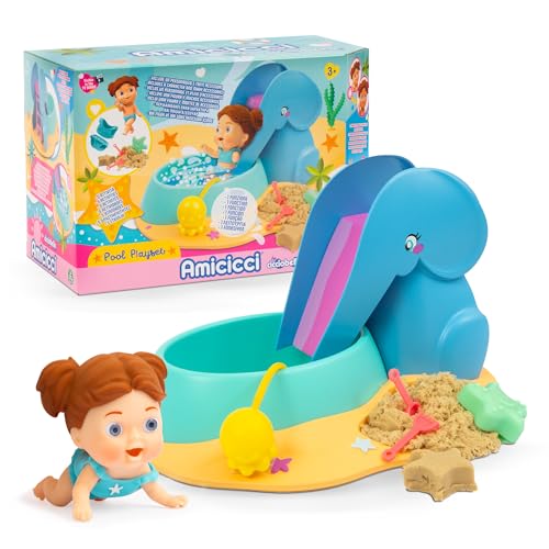 Cicciobello Amicicci Pool Playset, Pool in Elefantenform, mit Blasenfunktion, magischer Sand, Schaufel, Sternform, Brünettes Mädchen mit Bikini, Berühmt (AMC10000) von Cicciobello