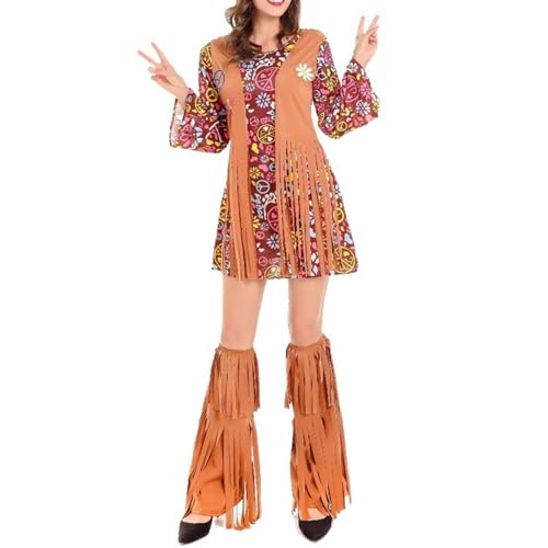 Cicilian 70er 80er Hippie-Kostümsets, 70er-Jahre-Kostüm-Outfits Halloween-Disko-Outfits Karnevalspartykleid mit Peace-Zeichen Ohrringe Halskette Stirnband Accessoires von Cicilian