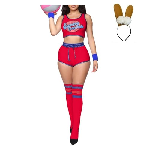 Cicilian Halloween-Häschen-Kostüm-Sets, Damen-Häschen-Cosplay-Kostüm, Häschen-Anzug, Anime-Cosplay-Kostüm, Weltraumfilm, komplettes Outfit mit Shorts, Stirnband, Armband, Socken von Cicilian