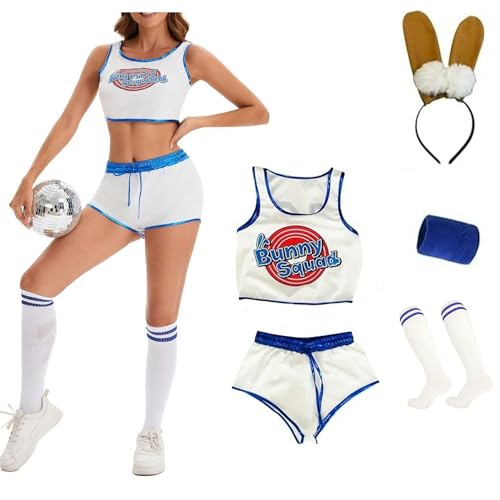 Cicilian Halloween-Häschen-Kostüm-Sets, Damen-Häschen-Cosplay-Kostüm, Häschen-Anzug, Anime-Cosplay-Kostüm, Weltraumfilm, komplettes Outfit mit Shorts, Stirnband, Armband, Socken von Cicilian