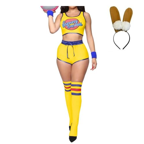 Cicilian Halloween-Häschen-Kostüm-Sets, Damen-Häschen-Cosplay-Kostüm, Häschen-Anzug, Anime-Cosplay-Kostüm, Weltraumfilm, komplettes Outfit mit Shorts, Stirnband, Armband, Socken von Cicilian