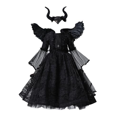 Cicilian Hexen-Cosplay-Kostüme für Mädchen, Tutu-Cosplay-Kleid für Kinder, schwarzes Hexen-Rollenspielkleid mit Puffärmeln, Hexen-Halloween-Partykleid, komplette Sets von Cicilian