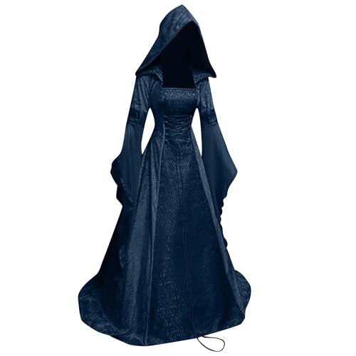 Cicilian Samtrobe-Kostüm für Damen, schwarzes Hexenmantelkleid, Vintage-Halloween-Kostüm, mittelalterliches Gothic-Kleid mit Kapuze, langärmliges viktorianisches Maxikleid-Kostüm von Cicilian