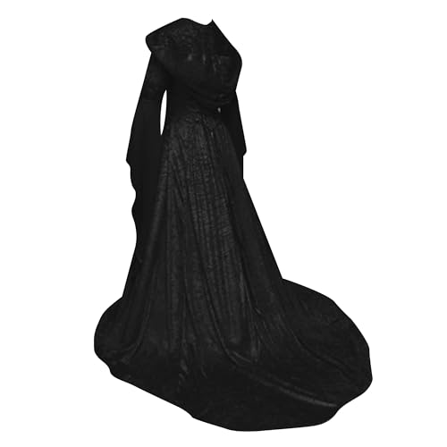 Cicilian Samtrobe-Kostüm für Damen, schwarzes Hexenmantelkleid, Vintage-Halloween-Kostüm, mittelalterliches Gothic-Kleid mit Kapuze, langärmliges viktorianisches Maxikleid-Kostüm von Cicilian