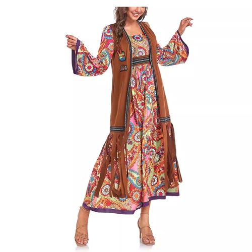 Damen Disco Hippie Kostüm, 70er 80er Hippie Kostüm Farbe gedruckt Long Hippie Kleider Kostüm Sets Halloween Carnival Party Kostüm Outfits von Cicilian