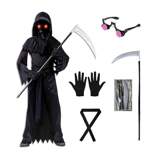 Halloween Sensenmann-Sets, Horror Sensenmann Cosplay-Kostüm 5-teiliges Set Gruseliges Geister-Cosplay-Outfit Schwarzer Umhang mit Kapuze Totenkopf-Gesichtsmaske Sensenmann-Requisiten von Cicilian