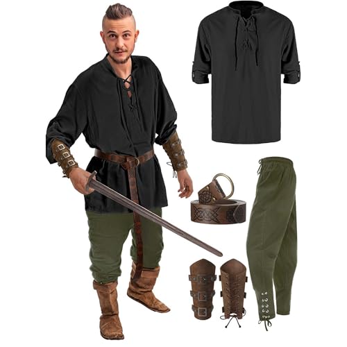 Piratenkostüm-Sets für Herren, 5-teiliges Halloween-Set für Herren, Renaissance-Kostüm, mittelalterliches Piratenhemd, gerippte Hose, Wikingergürtel, Zubehör von Cicilian