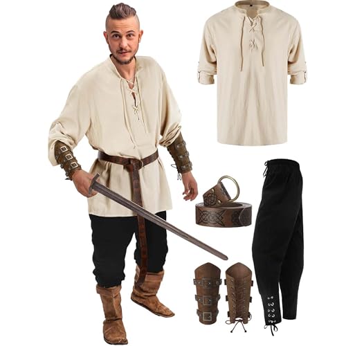 Piratenkostüm-Sets für Herren, 5-teiliges Halloween-Set für Herren, Renaissance-Kostüm, mittelalterliches Piratenhemd, gerippte Hose, Wikingergürtel, Zubehör von Cicilian