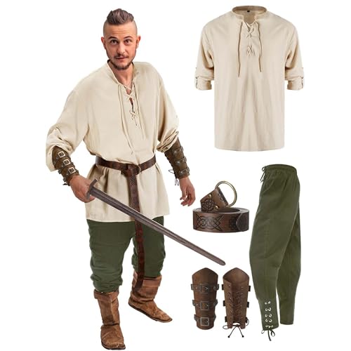 Piratenkostüm-Sets für Herren, 5-teiliges Halloween-Set für Herren, Renaissance-Kostüm, mittelalterliches Piratenhemd, gerippte Hose, Wikingergürtel, Zubehör von Cicilian