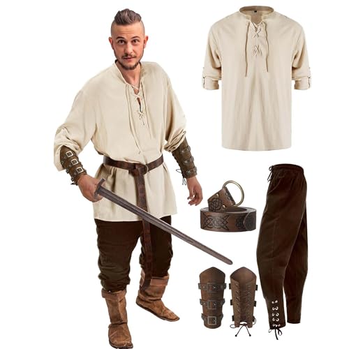 Piratenkostüm-Sets für Herren, 5-teiliges Halloween-Set für Herren, Renaissance-Kostüm, mittelalterliches Piratenhemd, gerippte Hose, Wikingergürtel, Zubehör von Cicilian