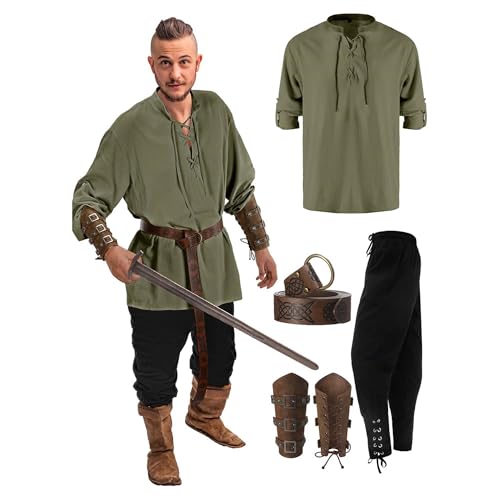 Piratenkostüm-Sets für Herren, 5-teiliges Halloween-Set für Herren, Renaissance-Kostüm, mittelalterliches Piratenhemd, gerippte Hose, Wikingergürtel, Zubehör von Cicilian