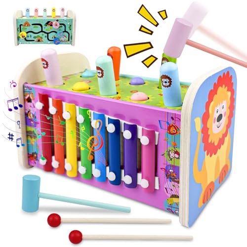 Cigrubo 3-in-1 Hammerspiel für Kinder ab 3 Jahre, Xylophon Kinder, Hämmerchenspiel, Klopfbank Holz, Montessori Musik Spielzeug, Klopfspiel, Motorikspielzeug Geschenk für Jungen und Mädchen von Cigrubo