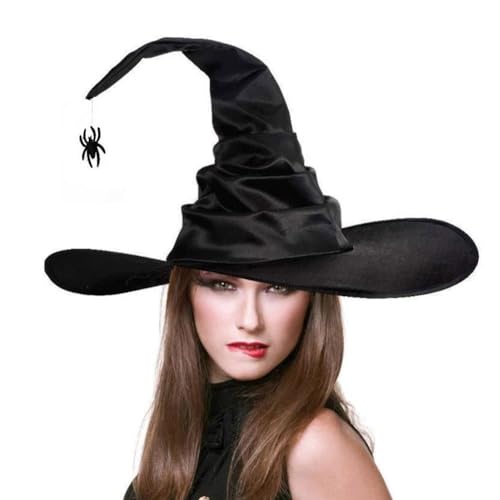 Cikiki Halloween Hexenhut für Frauen, Halloween gerüschter Hexenhut mit Spinne Fledermaus, Hexen Zauberer Hut Halloween Kostüm Cosplay Party Dress Up Requisiten von Cikiki