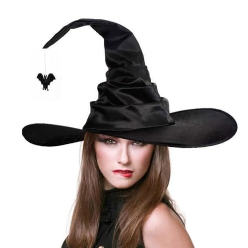 Cikiki Halloween Hexenhut für Frauen, Halloween gerüschter Hexenhut mit Spinne Fledermaus, Hexen Zauberer Hut Halloween Kostüm Cosplay Party Dress Up Requisiten von Cikiki