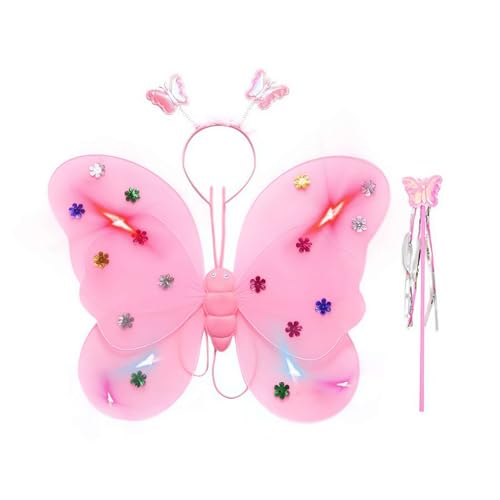 Cikiki Leuchtende Feenflügel für Mädchen, funkelnde LED-Schmetterlingsflügel, Kopfbedeckung, Feenstab, Feenprinzessin-Set für Aufführung, Feier und Party von Cikiki