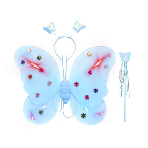 Cikiki Leuchtende Feenflügel für Mädchen, funkelnde LED-Schmetterlingsflügel, Kopfbedeckung, Feenstab, Feenprinzessin-Set für Aufführung, Feier und Party von Cikiki