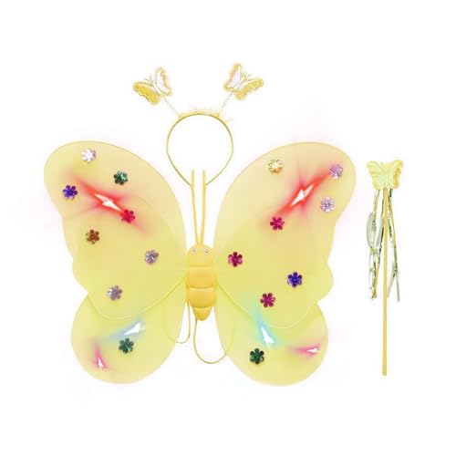 Cikiki Leuchtende Feenflügel für Mädchen, funkelnde LED-Schmetterlingsflügel, Kopfbedeckung, Feenstab, Feenprinzessin-Set für Aufführung, Feier und Party von Cikiki