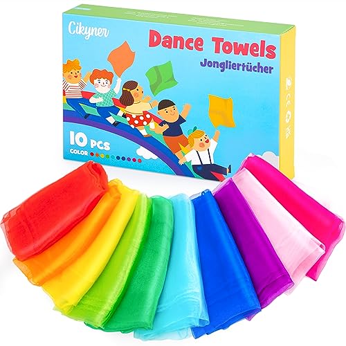 Cikyner Jongliertücher, 10 Stück Bunte Chiffontücher 60x60cm Tanztücher Chiffontücher für Tanzen Kindergarten Tücher Gymnastiktücher für Indoor & Garten Tanzen, Jonglieren, Sensorisches für Kinder von Cikyner