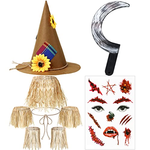 9 Stück Halloween Vogelscheuche Kostüm, einschließlich Vogelscheuche Hut, Bast Vogelscheuche Strohhalm Kit, Gesichtstattoos, blutige Sichel Waffenrequisite für Cosplay Party von Cindeer