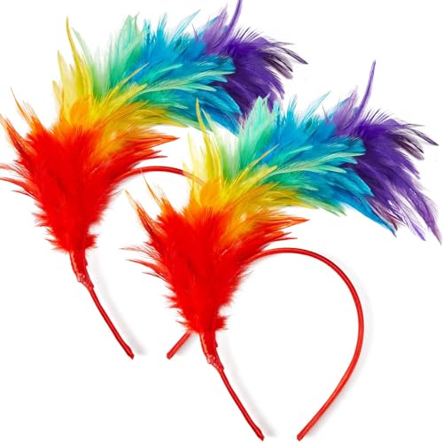 Cindeer 2 Stück Regenbogen Feder Stirnbänder LGBT Gay Pride Zubehör Fascinator Karneval Kopfschmuck Süßer Feder Haarreif Party Kopfbedeckung Cosplay Haarband für Karneval Hochzeit Kostüm Halloween von Cindeer