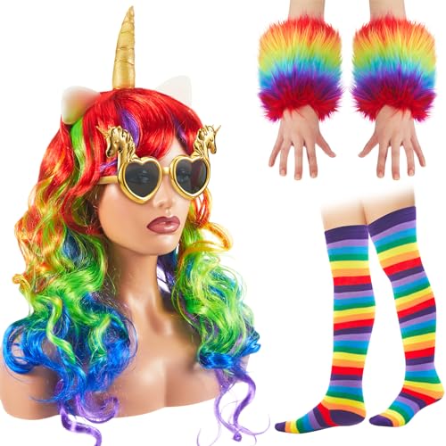 Cindeer Damen Einhorn Kostüm Set inklusive Einhorn Perücke Streifen Regenbogen Kniestrümpfe Bunte Armstulpen Einhorn Partybrille für Erwachsene Karneval Halloween Fasching Mottoparty Verkleidung von Cindeer