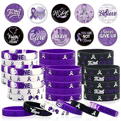 60 Stück lila Schleifen-Band-Bewusstseins-Zubehör, inklusive violettem Band, Silikon-Armband, Gummi-Armband und Knopf-Abzeichen, Pins für Tiermissbrauch, Alzheimer, Bauchspeicheldrüsenkrebs, von Cinrobiye