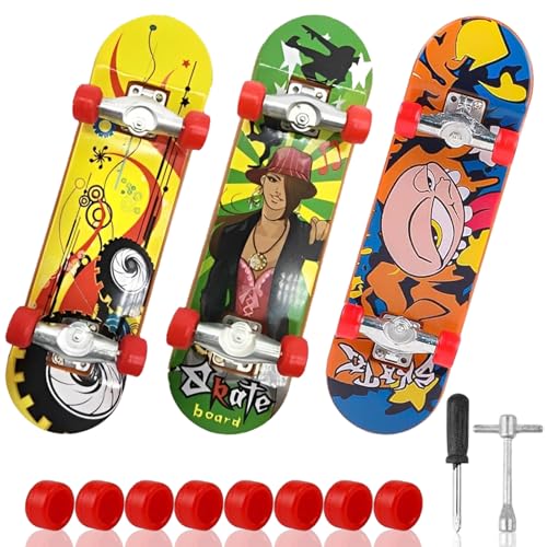3 Stück Finger Skateboard,Fingerboard Finger Scooter Mini Skateboard mit Zufälligen Mustern Fingerskateboard mit 2 Demontagewerkzeuge und 8 Ersatzräder Enthalten,Kann als Geschenk Verwendet Werden von Cinsersr