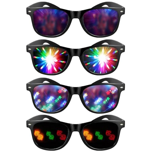 Diffraction Glasses 4 Stück Kaleidoskop Brille Diffractions Party Brille Kaleidoskop-Brillen mit 3D Prisma Herz Stern Effekt Karneval Tanzlichtshow Musikfestival Kostümparty Für Jungen Mädchen von Cinsersr