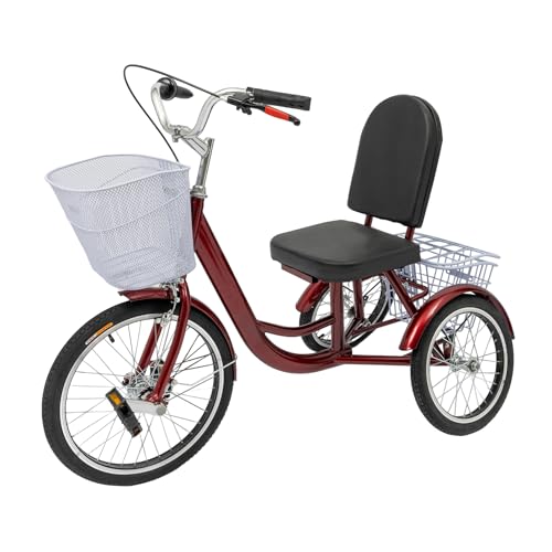 20" Dreirad für Erwachsene, Stabiles Dreieck-Design, mit Einkaufskorb, Rückenlehne, Dreiräder, Tricycle, Cityräder (Rot) von Ciounmb