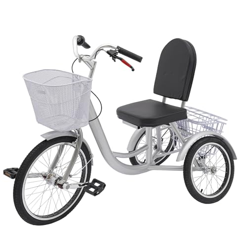 20" Dreirad für Erwachsene, Stabiles Dreieck-Design, mit Einkaufskorb, Rückenlehne, Dreiräder, Tricycle, Cityräder (Silber) von Ciounmb