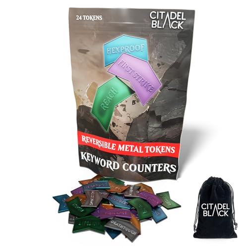 Citadel Black Metal Keyword Counters - Set of 24 Reversible Metal Tokens - Includes Drawstring Pouch, Antique Metal Finish Tokens, Designed for MTG TCG Magic: The Gathering Accessory von Citadel Black