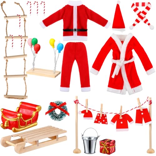 Civaner 16-teiliges Weihnachtselfen-Puppenzubehör-Set beinhaltet Schlitten, Robe, Garderobe, Schal, Geschenk-Box, Leiter, Zuckerstange, Ballon, Weihnachtskranz, passend für Elfenpuppen, Puppe ist von Civaner